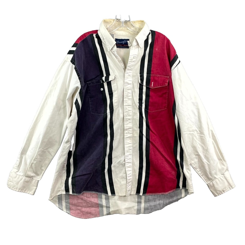 Vintage‎ Wrangler Shirt Mens XL Multicolor Striped Cotton Western Button-Down